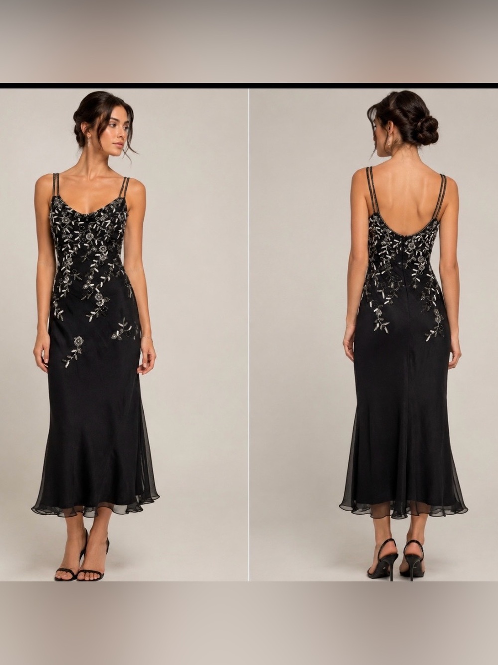Vintage SCALA Black Silk Beaded Cocktail Dress XS